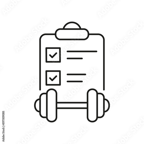 Fitness Plan Line Icon Featuring Clipboard With Checklist And Dumbbell. Weight Loss And Exercise Routine Management. Isolated Vector Illustration