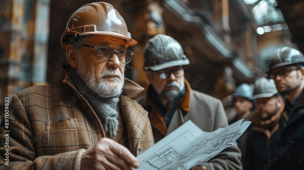 Naklejka premium group of older men in suits and hard hats discussing blueprints