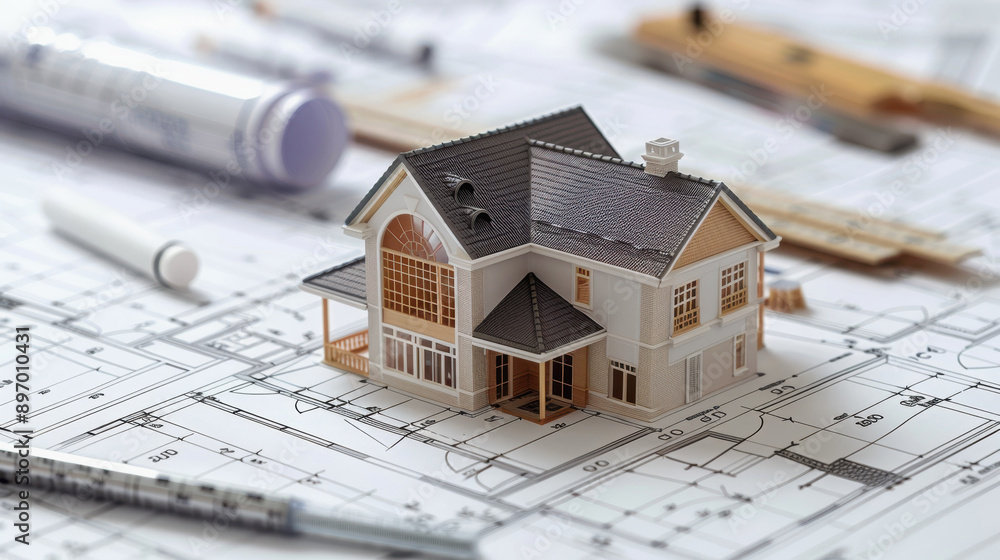 World Architecture Day, architect. 3d model of a building, a house. The drawings are on the table. building project