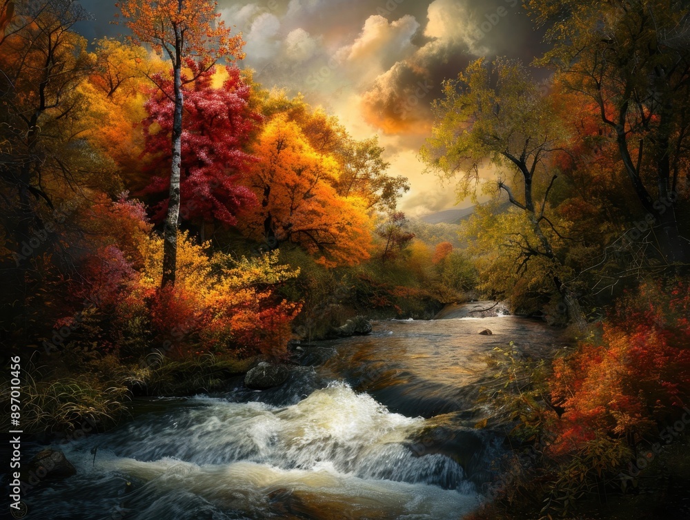 Serene Autumn Landscape with Vibrant Foliage and Flowing River Under Dramatic Sky Serene Autumn Landscape with Vibrant Foliage and Flowing River Under Dramatic Sky
