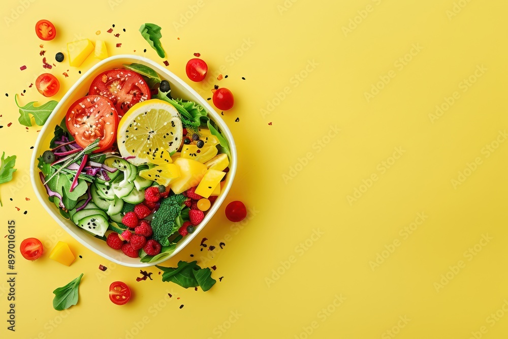 open school lunch box with healthy food on a yellow background. space for text or product presentation concept. open school lunch box with healthy food on a yellow background. space for text or product presentation concept.