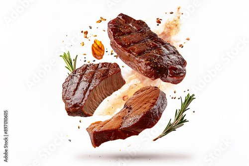 Grill Pork Chops Beef steaks, realistic 3d brisket flying in the air, grilled meat collection, ultra realistic, icon, detailed, angle view food photo, steak composition photo