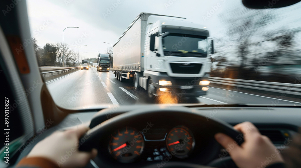 Driver's perspective from inside a car on a highway with two trucks in adjacent lanes, indicating movement and speed on a wet road. Driver's perspective from inside a car on a highway with two trucks in adjacent lanes, indicating movement and speed on a wet road.