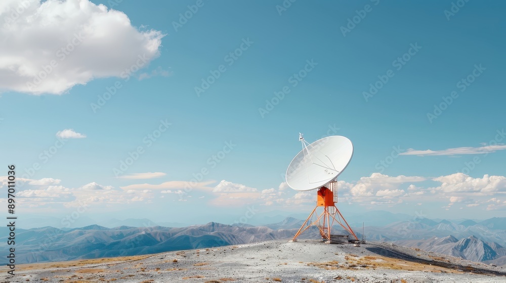 A weathered satellite dish stands atop a remote mountain peak. A weathered satellite dish stands atop a remote mountain peak.