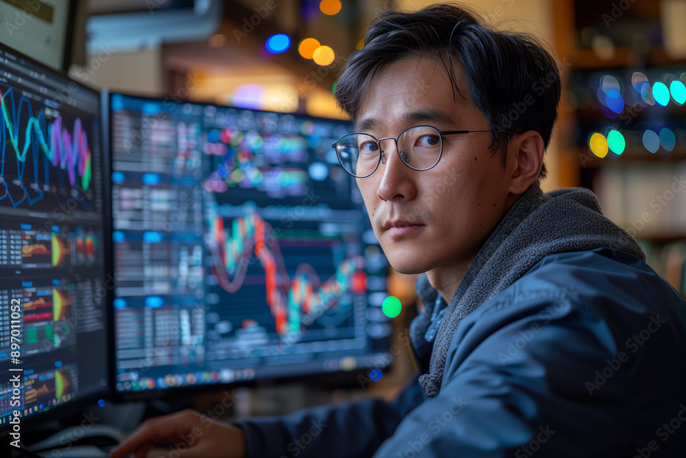 focused analyst working with complex financial data on multiple screens in a modern high-tech office environment focused analyst working with complex financial data on multiple screens in a modern high-tech office environment