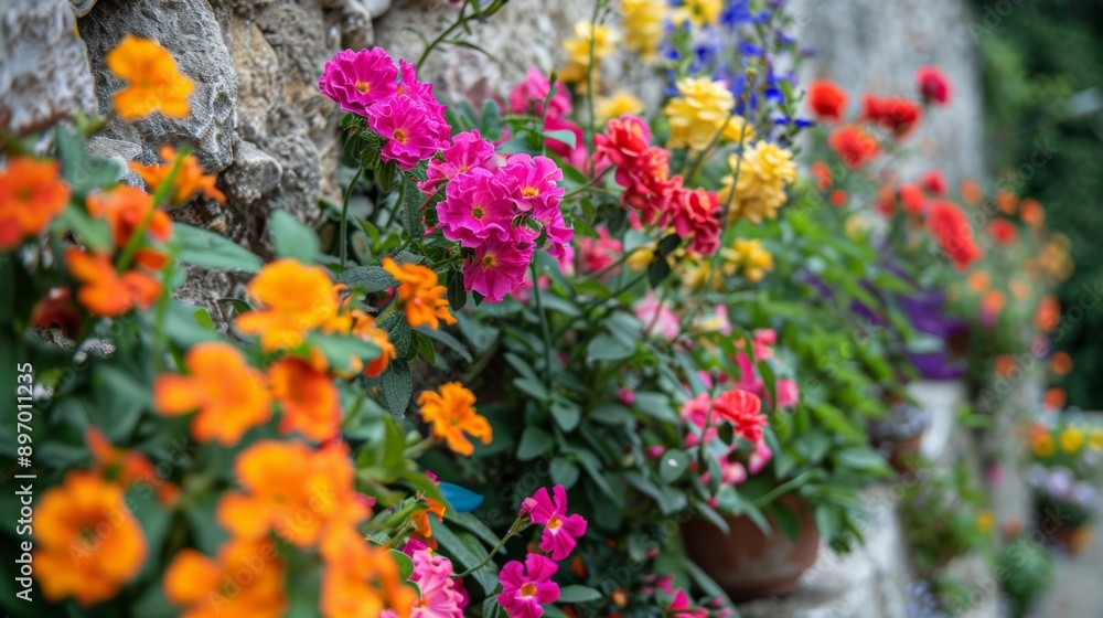 Obraz premium vibrant flowers in an Amalfi Coast garden, detailed and colorful,