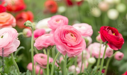 Beautiful Pink and Red Ranunculus Flowers, Generative AI