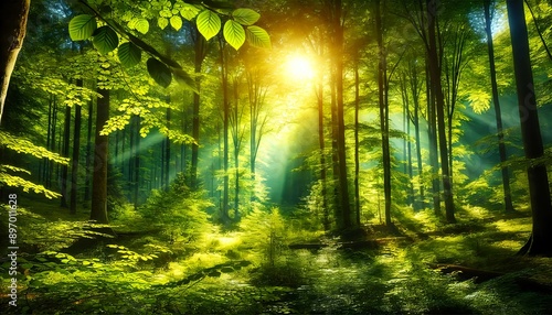  A lush green forest scene with sunlight filtering through dense foliage, casting soft beams of light and creating dappled shadows. The leaves are vibr