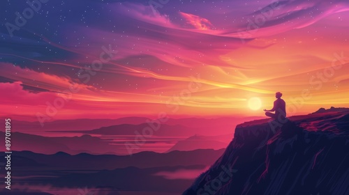 A lone figure sits in meditation on a mountaintop, silhouetted against a vibrant sunset sky. © Prostock-studio