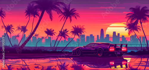 80s synthwave illustration of a sport car in Miami with palm trees and a city skyline in the background at sunset. The illustration is in the style of retro 80s synthwave art.