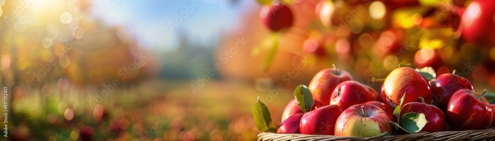 Freshly Harvested Red Apples in a Basket with a Scenic Orchard Background on a Sunny Autumn Day Freshly Harvested Red Apples in a Basket with a Scenic Orchard Background on a Sunny Autumn Day