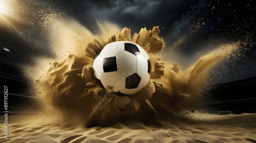 A dramatic, high-contrast explosion erupts as a soccer ball crashes onto the sand, generative ai