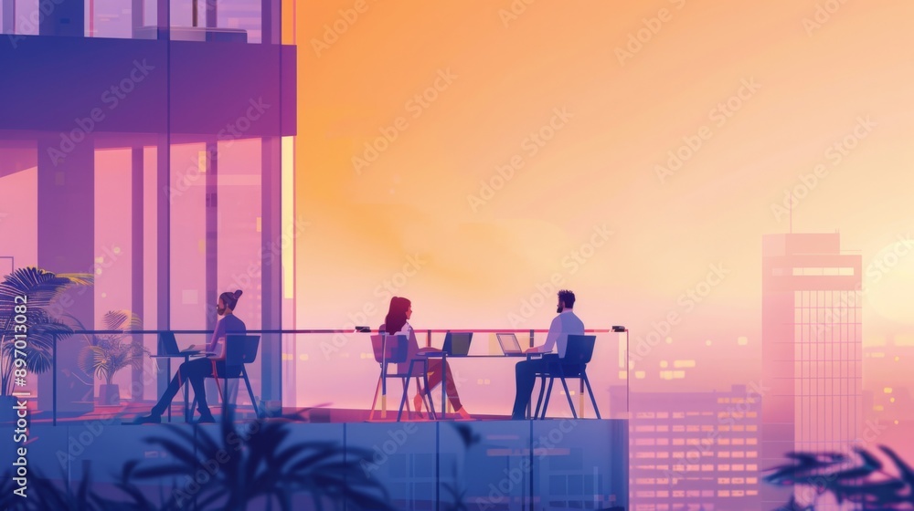 Three people sit at a table on a rooftop terrace, overlooking a city skyline. The sun sets in the distance, casting a warm glow over the scene. Three people sit at a table on a rooftop terrace, overlooking a city skyline. The sun sets in the distance, casting a warm glow over the scene.