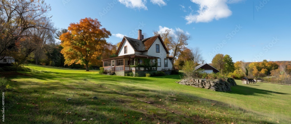 Charming Country House with Autumn Foliage and Clear Blue Sky in a Serene Rural Landscape Charming Country House with Autumn Foliage and Clear Blue Sky in a Serene Rural Landscape