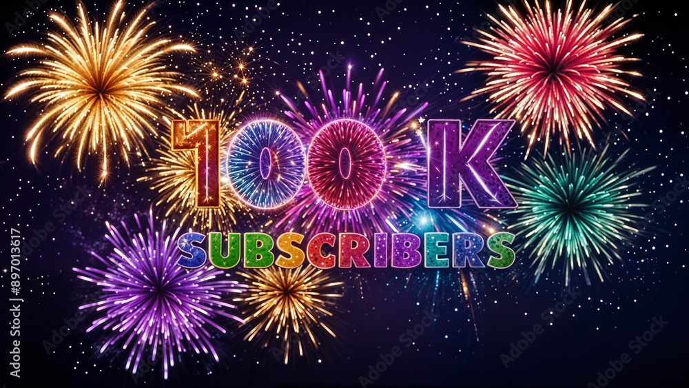 100,000 subscribers, 100K, Greeting card design. Festive background with shiny glitter. Colorful fireworks. Festive background with night sky. 100,000 subscribers, 100K, Greeting card design. Festive background with shiny glitter. Colorful fireworks. Festive background with night sky.