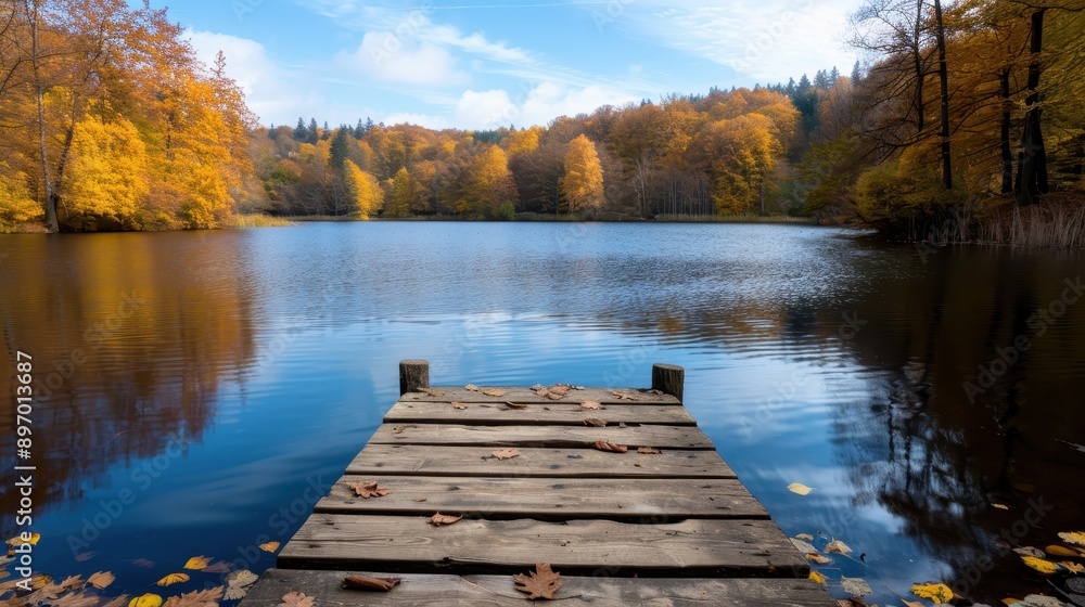 Tranquil Autumn Lake with Wooden Pier and Vibrant Fall Foliage Under a Clear Blue Sky Tranquil Autumn Lake with Wooden Pier and Vibrant Fall Foliage Under a Clear Blue Sky