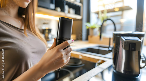 Woman using a smart home device in a modern kitchen setting