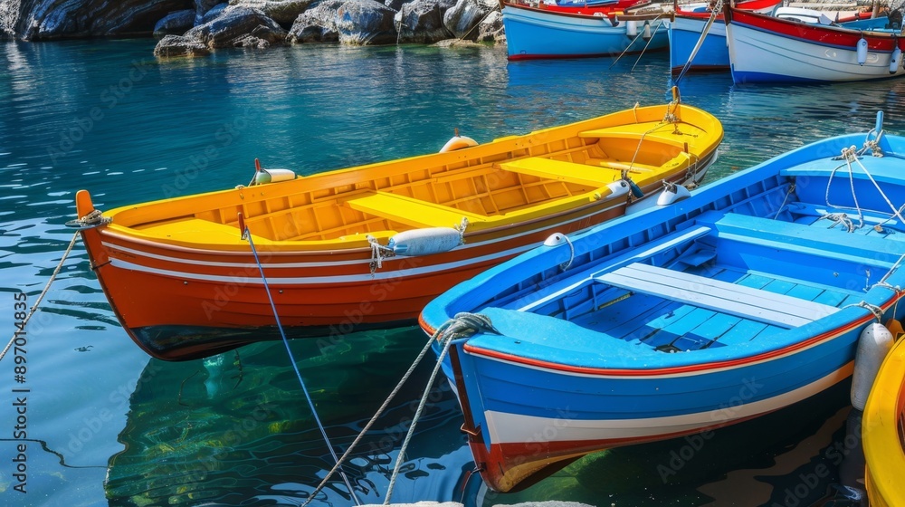 Obraz premium Colorful boats docked in an Amalfi Coast marina, vibrant and scenic