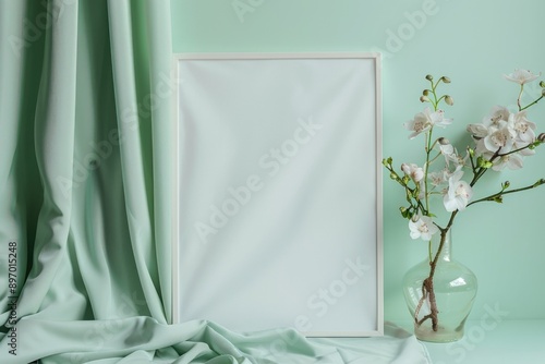 Wallpaper Mural Blank Wrinkled White Paper Poster on Mint Green Fabric with Vase of White Flowers - Ideal for Design, Print, and Home Decor Torontodigital.ca