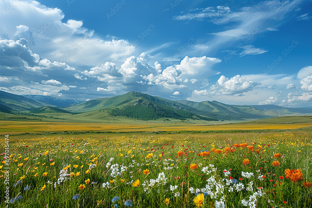 Fototapeta premium Beautiful landscape of green hills with a flowery valley. Generated by artificial intelligence