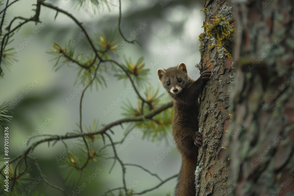 A detailed shot of a European pine marten climbing a tree in search of food. A detailed shot of a European pine marten climbing a tree in search of food.