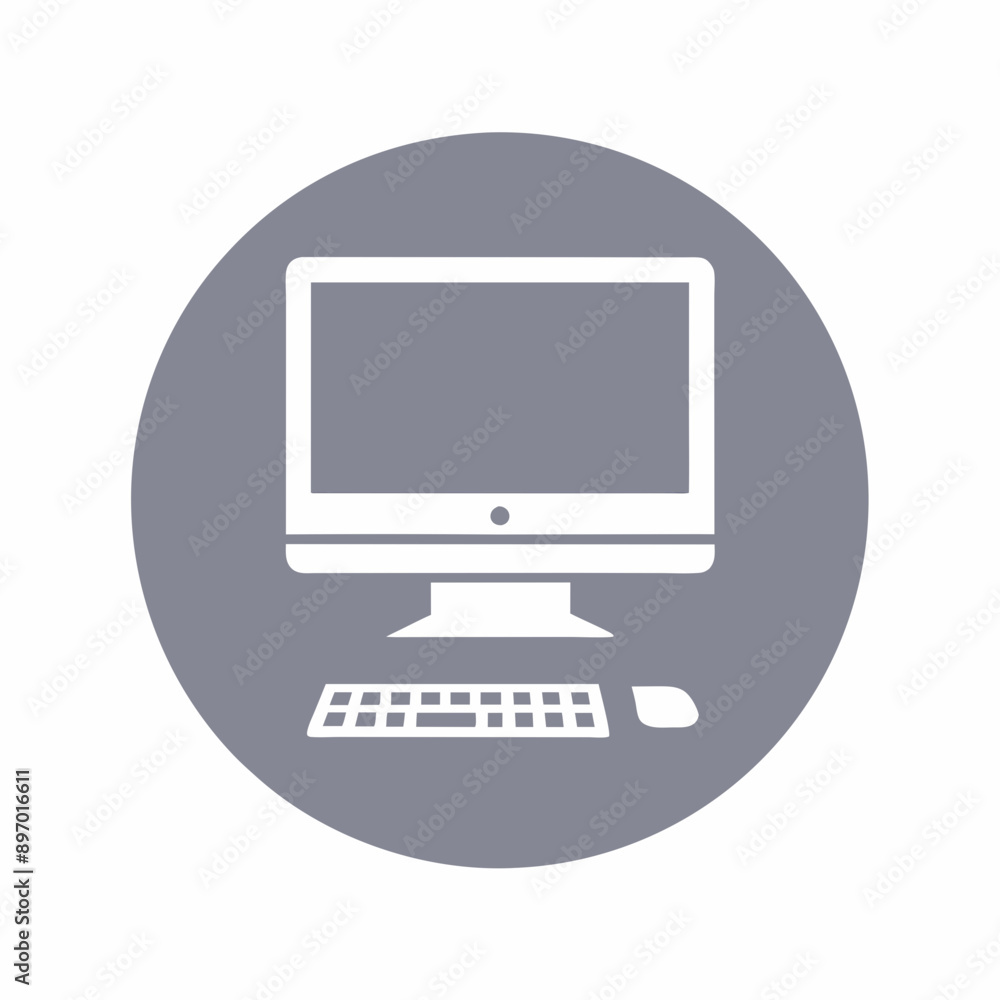 Desktop Computer Icon with Keyboard in Gray Circle Desktop Computer Icon with Keyboard in Gray Circle