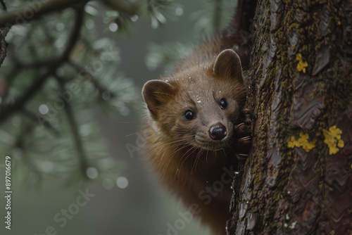 A detailed shot of a European pine marten climbing a tree in search of food. 