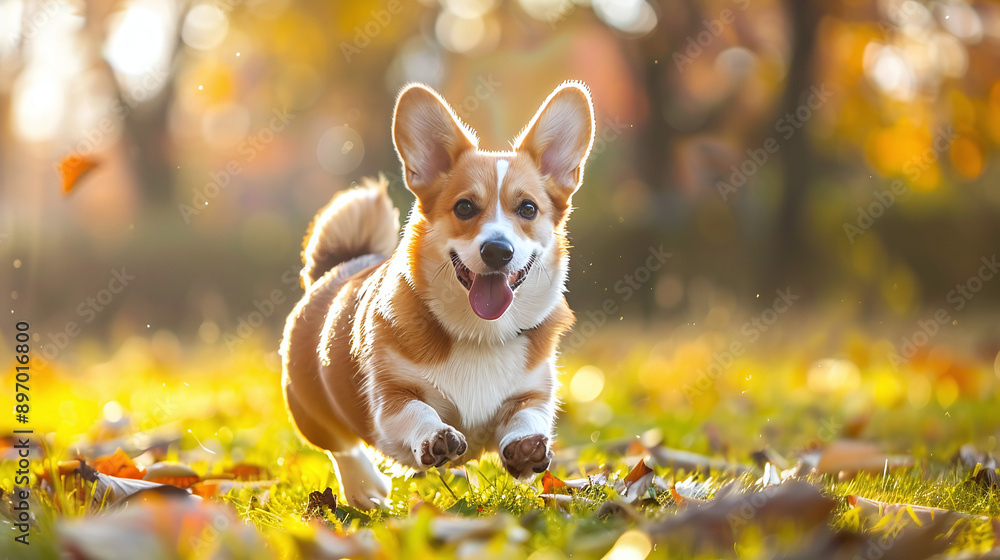 Happy beautiful Corgi dog running on fallen leaves in autumn sunny park Happy beautiful Corgi dog running on fallen leaves in autumn sunny park
