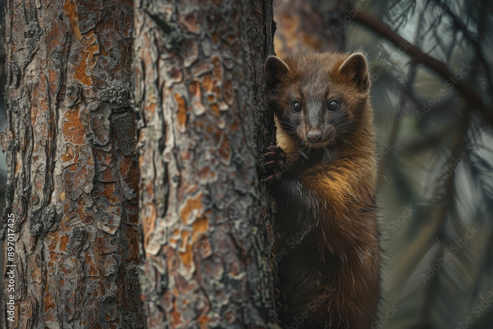 A detailed shot of a European pine marten climbing a tree in search of food. A detailed shot of a European pine marten climbing a tree in search of food.