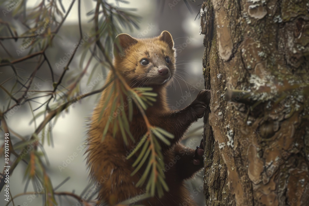Naklejka premium A detailed shot of a European pine marten climbing a tree in search of food. 