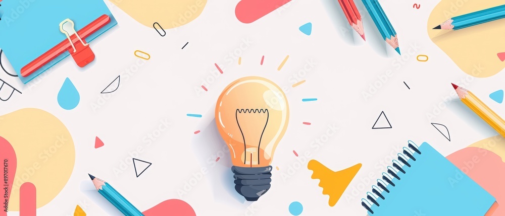 Futuristic school background with light bulb, crayons and color pencils on a pastel white table. Top view banner template for educational advertising or promotion of courses and online learning. Futuristic school background with light bulb, crayons and color pencils on a pastel white table. Top view banner template for educational advertising or promotion of courses and online learning.