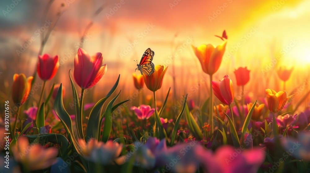 Colorful tulips and butterflies Colorful tulips and butterflies