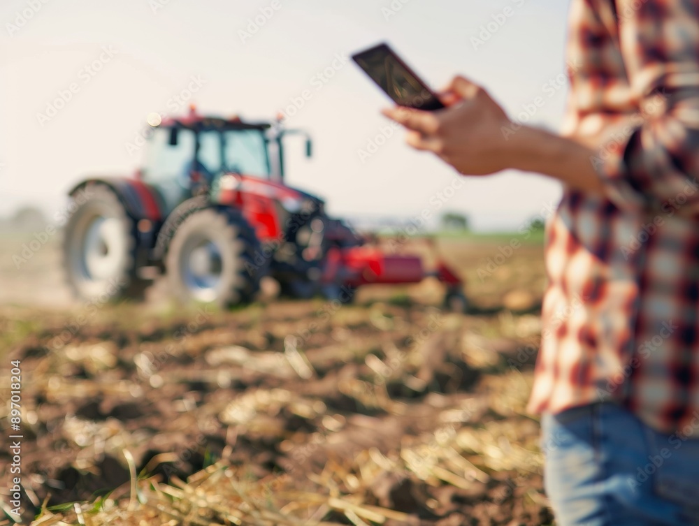 Modern farmer holding phone on the field, blurred tractor in the background Modern farmer holding phone on the field, blurred tractor in the background
