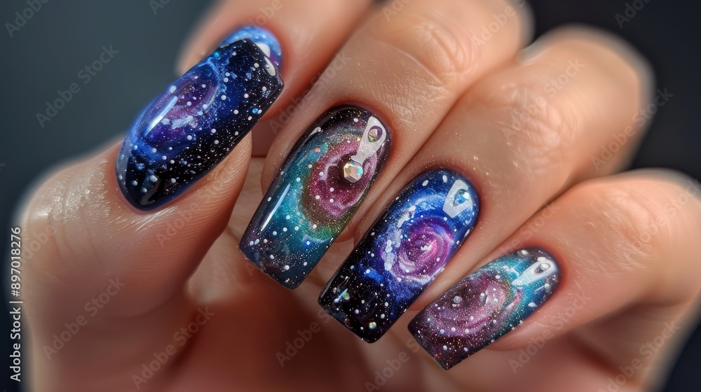 Elegant GalaxyInspired Nail Art with Shimmering Stars and Nebulas for Fashion Magazines, Beauty Blogs, Product Ads