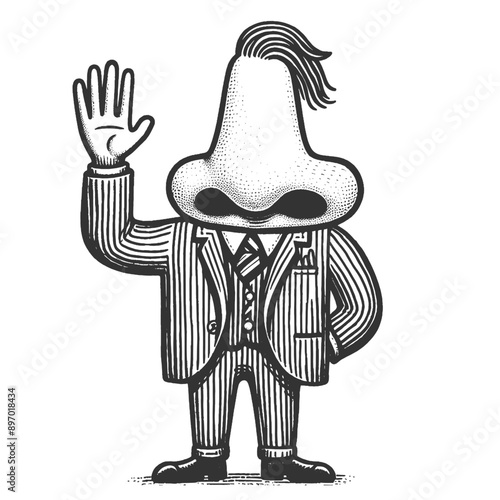 perfumer or sommelier nose character, dressed in a striped suit and waving sketch engraving generative ai fictional character vector illustration. Scratch board imitation. Black and white image.