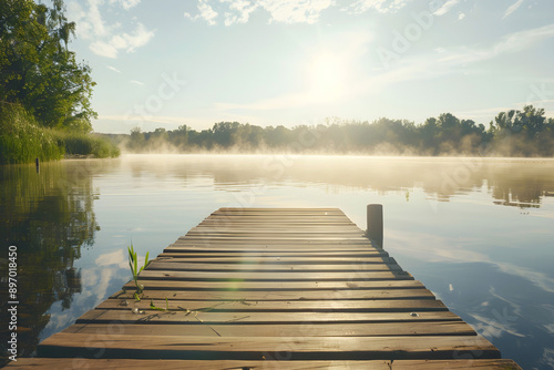 Fototapeta Naklejka Na Ścianę i Meble -  Wooden pier extending into a calm lake with mist rising in the early morning sunlight