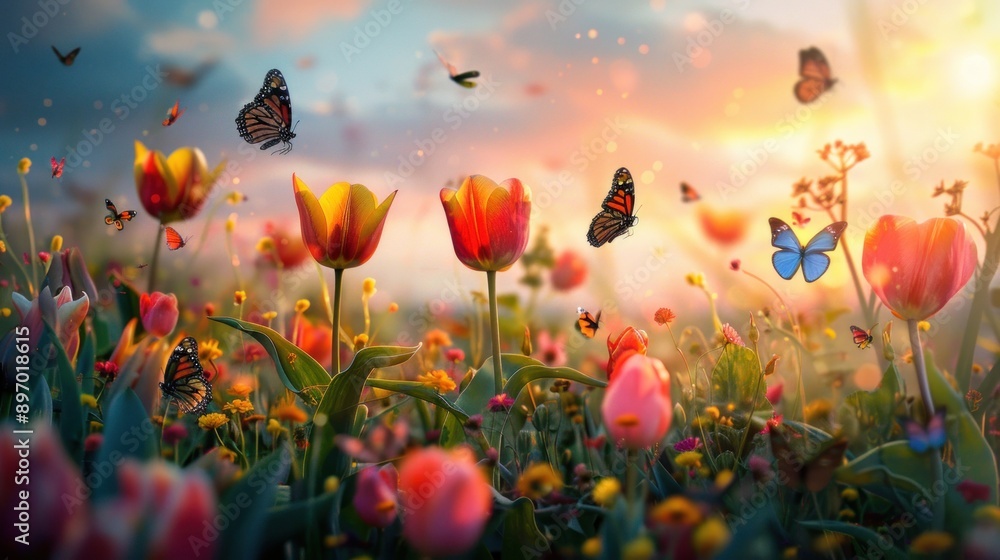 Fototapeta premium Colorful tulips and butterflies