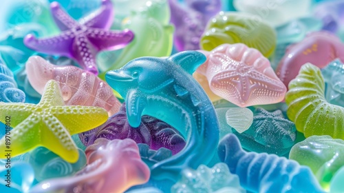 Colorful Assortment of Tropical Gummy Candies in Fish and Starfish Shapes Ideal for Confectionery Design photo