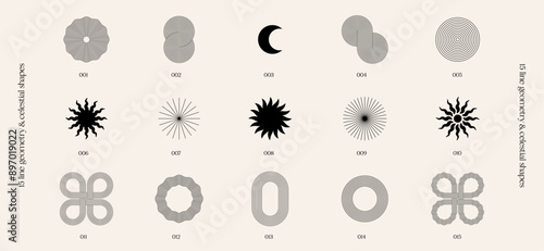 retro boho minimalism line art geometry and celestial shapes, minimalist vector illustrations, mid-century modern graphic design, sun, circle, moon