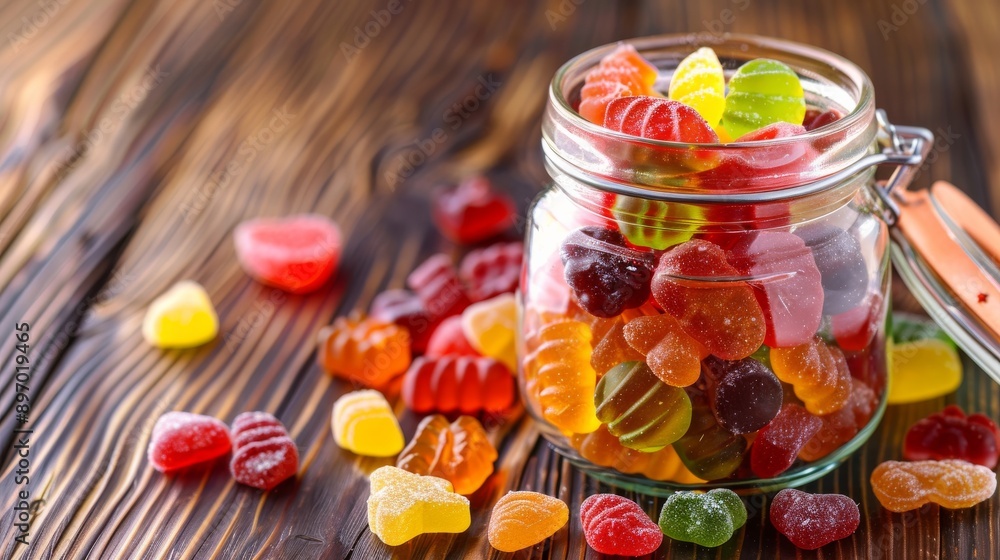 Assorted Gummy Candies in a Glass Jar on Wooden Surface, Perfect for Confectionery Displays, Poster Designs Assorted Gummy Candies in a Glass Jar on Wooden Surface, Perfect for Confectionery Displays, Poster Designs