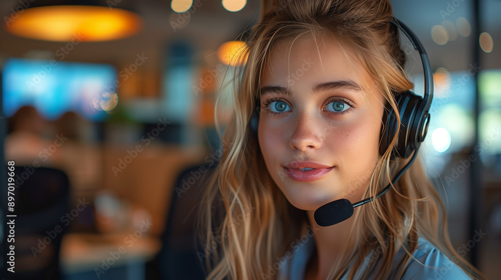 smiling call center agent with blonde hair wearing a headset, providing exceptional customer service in a modern office smiling call center agent with blonde hair wearing a headset, providing exceptional customer service in a modern office