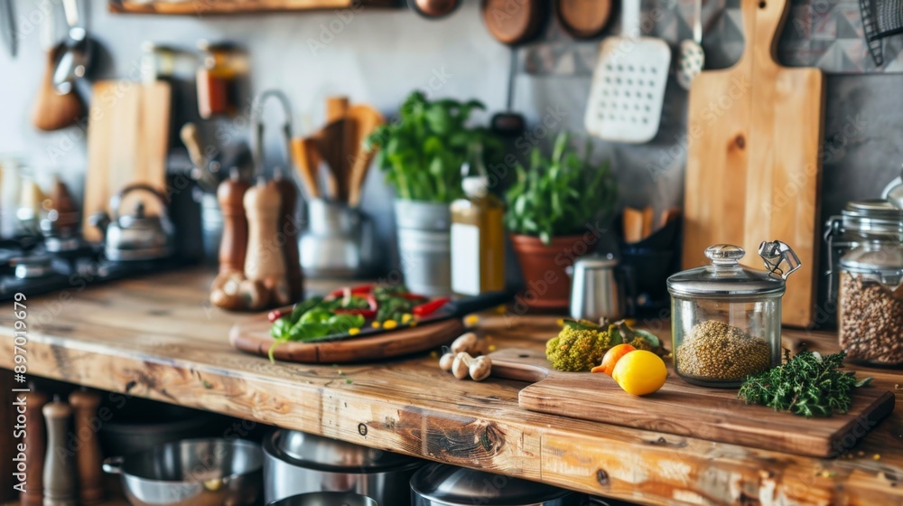 A cozy, rustic kitchen countertop adorned with fresh vegetables, herbs, and kitchenware A cozy, rustic kitchen countertop adorned with fresh vegetables, herbs, and kitchenware