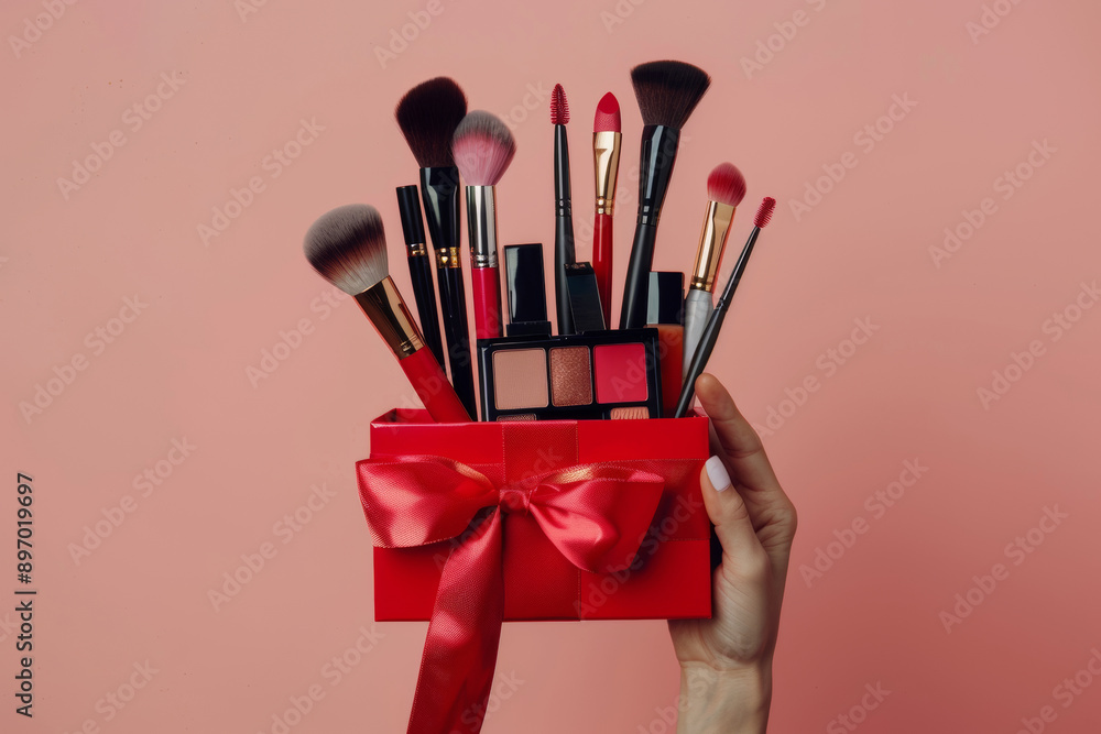 A hand holding a red gift box filled with various makeup brushes and cosmetics against a pink background A hand holding a red gift box filled with various makeup brushes and cosmetics against a pink background