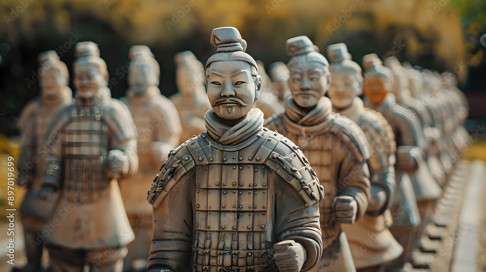 Fototapeta premium A group of statues of warriors stand in a line