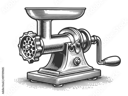 classic manual meat grinder with a handle, showcasing detailed engraving and old-fashioned design sketch engraving generative ai vector illustration. Scratch board imitation. Black and white image.
