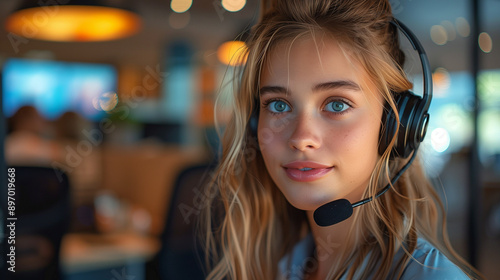 smiling call center agent with blonde hair wearing a headset, providing exceptional customer service in a modern office