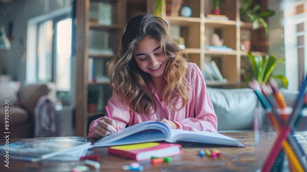 The girl studying at home The girl studying at home