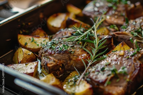 A dish of arni sto fourno, oven-roasted lamb with potatoes and herbs, garnished with fresh rosemary. photo