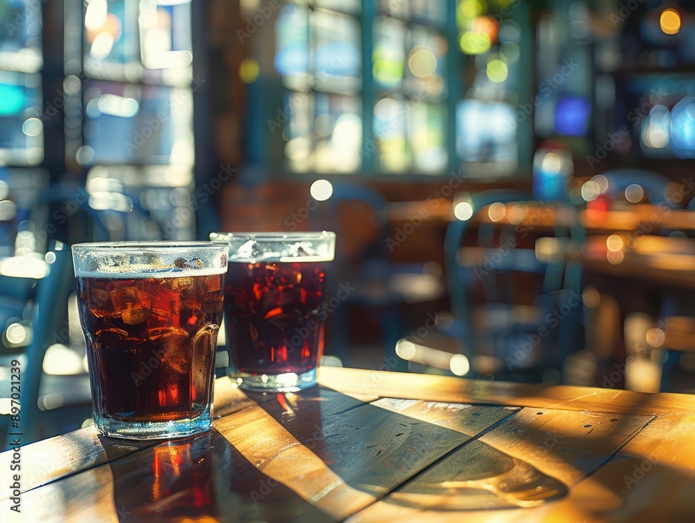 Refreshing Iced Coffee Drinks on a Sunny Day, Casual Presentation of Two Glasses with Ice on a Wooden Table in a Cafe Setting Refreshing Iced Coffee Drinks on a Sunny Day, Casual Presentation of Two Glasses with Ice on a Wooden Table in a Cafe Setting