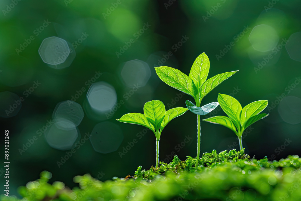 Three delicate green sprouts emerge from soft moss, symbolizing growth and renewal in a lush, vibrant environment. Three delicate green sprouts emerge from soft moss, symbolizing growth and renewal in a lush, vibrant environment.